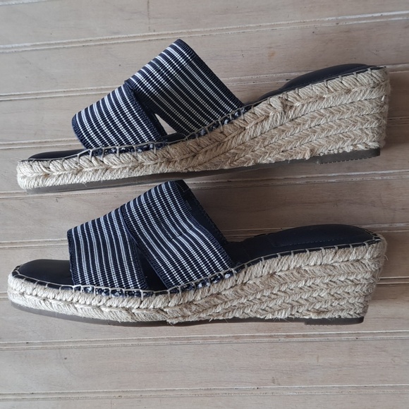 Me Too Cayman Navy Striped Wedge Slip-on Sandals Comfort Stretch Band Espadrille - Picture 9 of 11